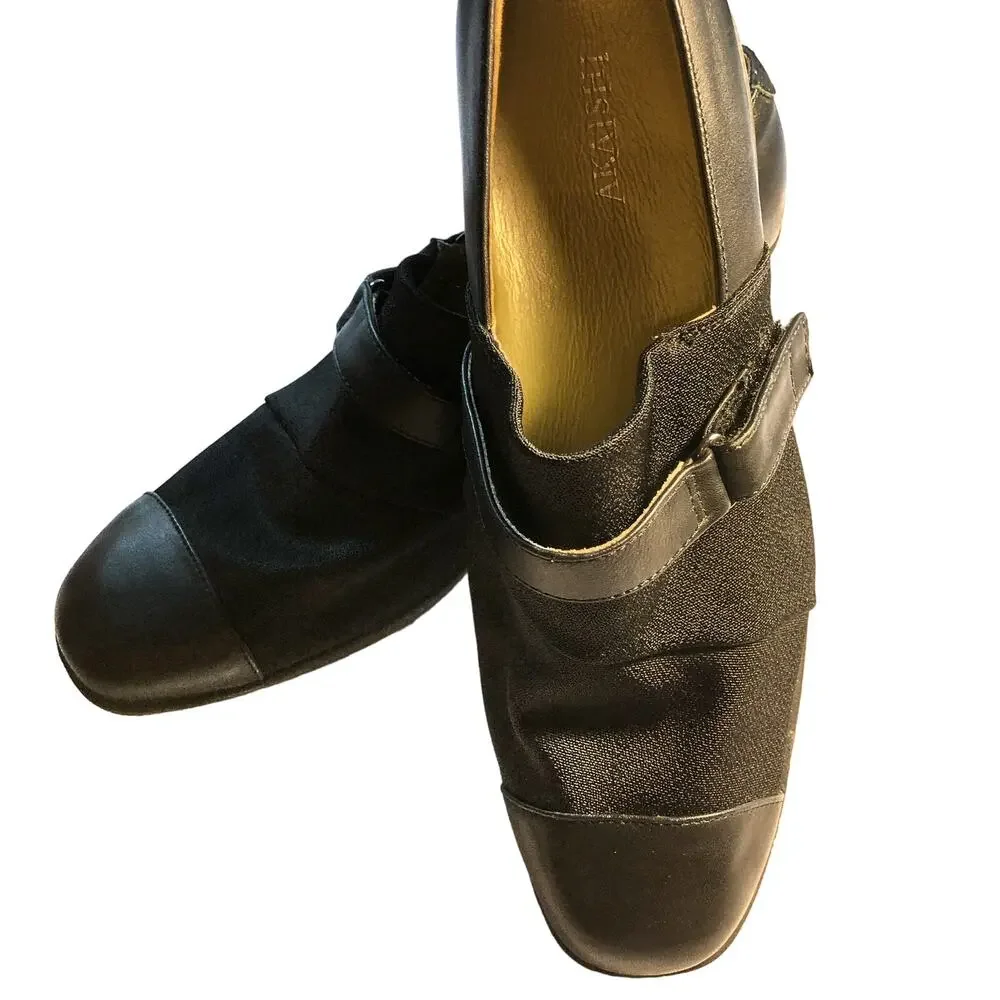 Akaishi Black Leather Fabric Comfort Loafers Stretch Arch Support Shoes Size 8